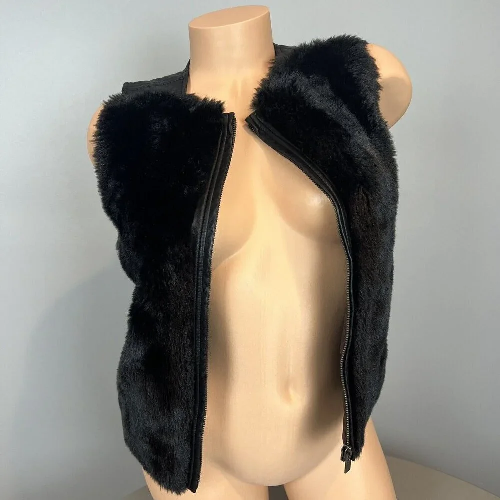 Vince Black Faux Fur Vest Size Girls Large Zipper Front Mafia Wife